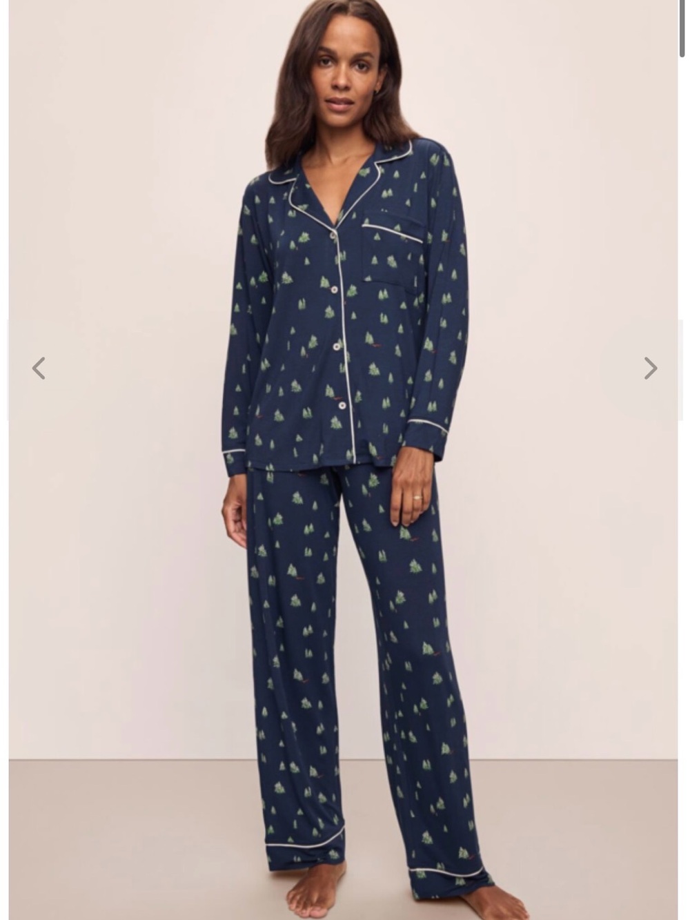 Eberjey Gisele Woodland Pine Navy Ivory Pajama Set M Tencel Modal Christmas - Picture 1 of 10
